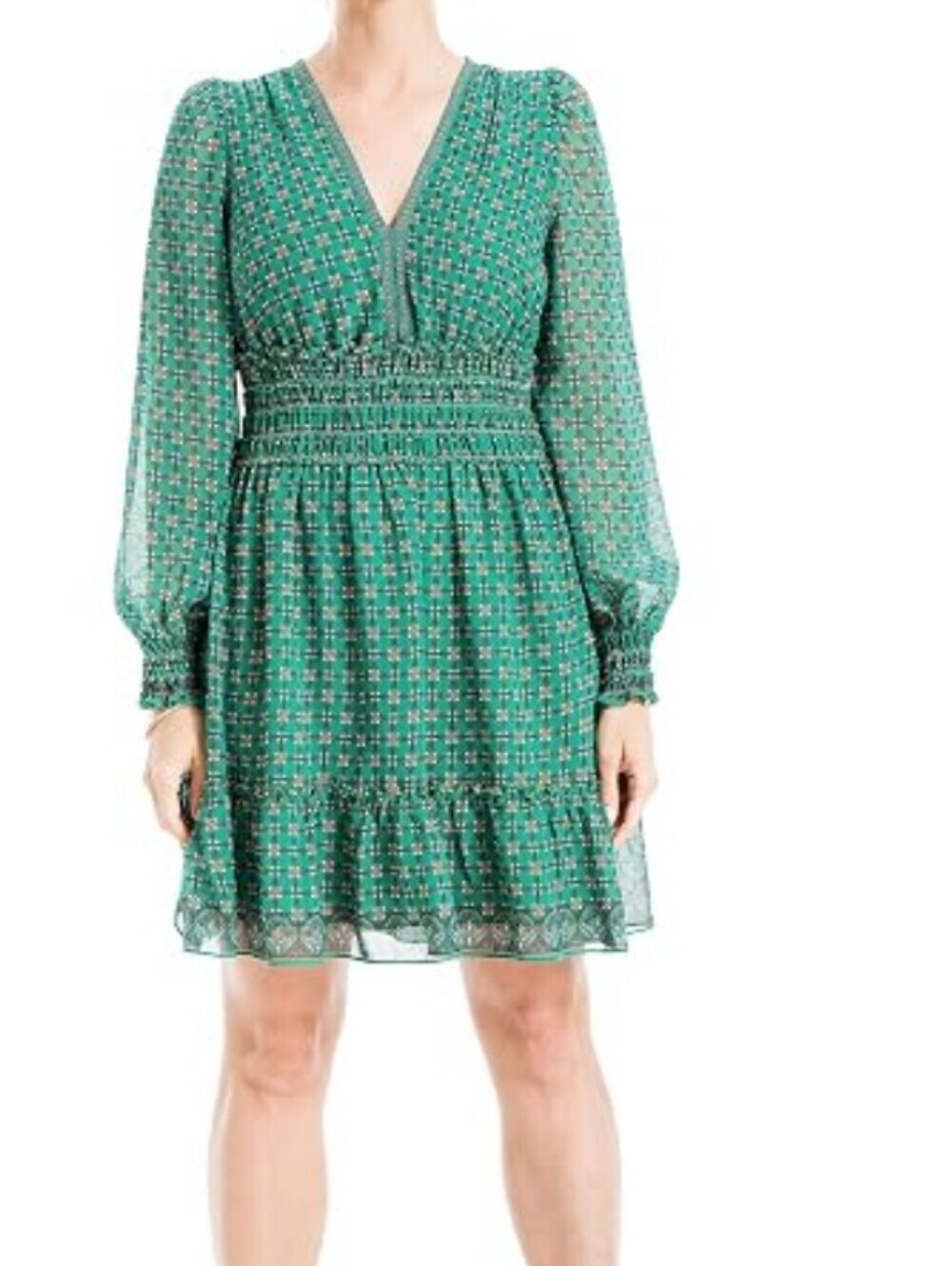 Max Studio Green Printed Smocked-Waist Tiered Mini Dress